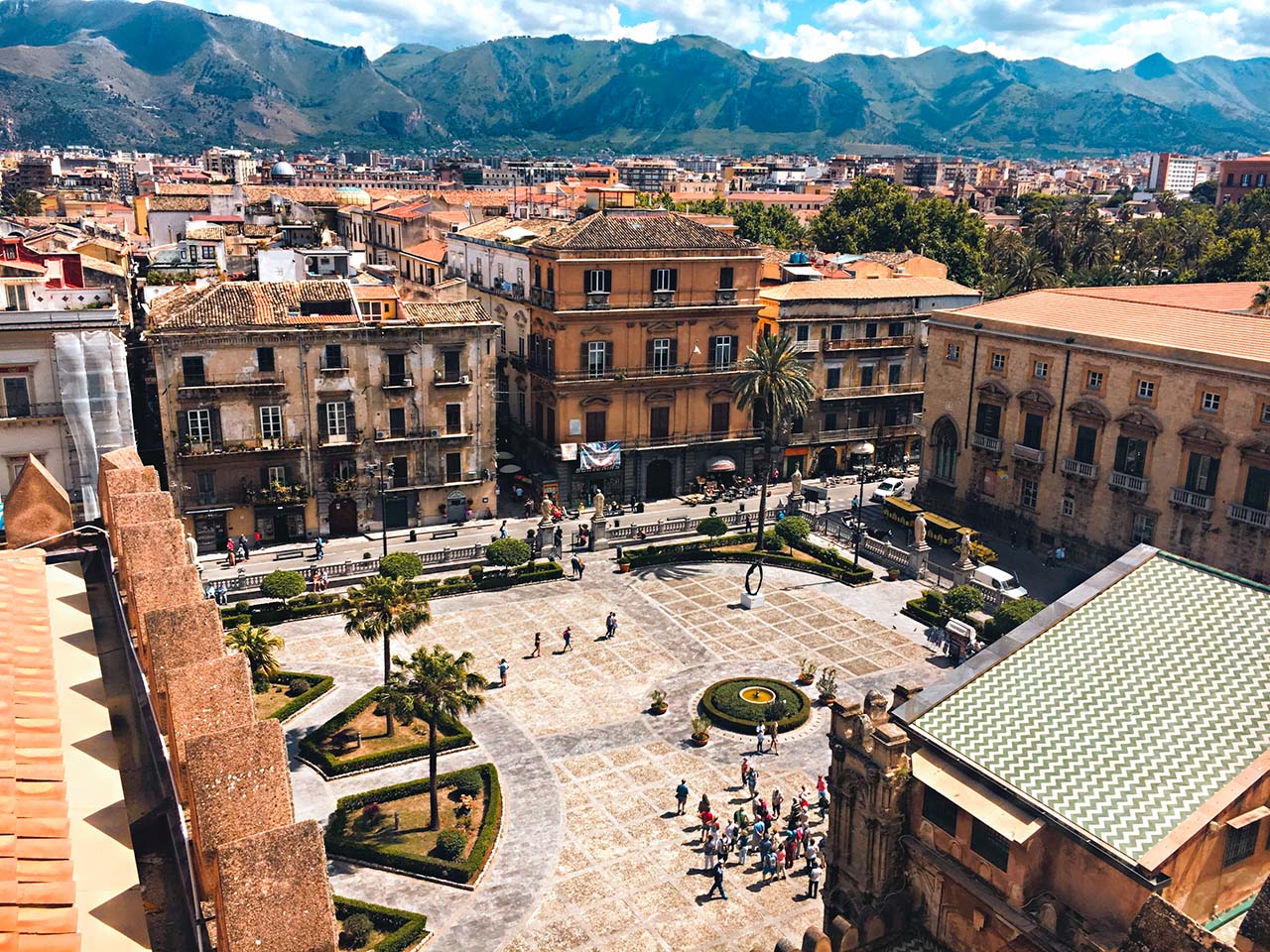view from above of the entrance to Palermo Cathedral and the surrounding panorama
